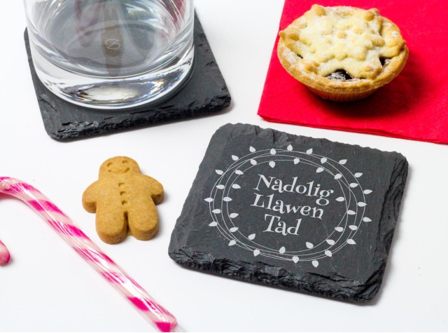 Welsh slate square christmas coaster with welsh christmas design